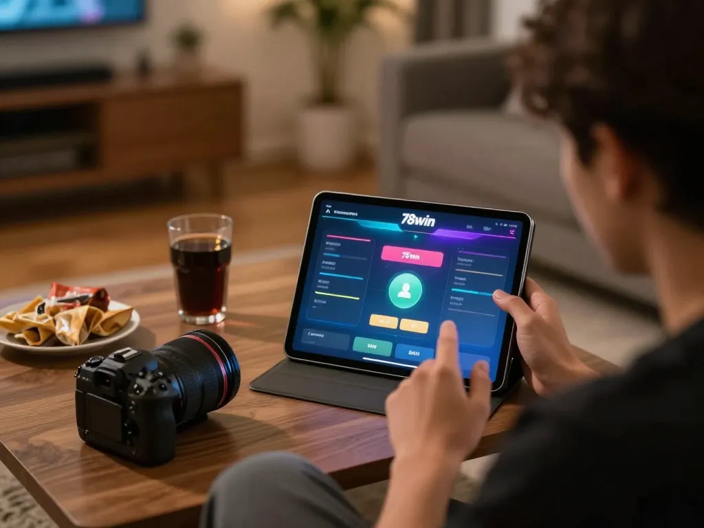 Player engaging in online betting with 78win app in cozy home setting with strategic notes