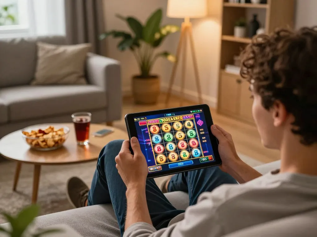 Pengalaman gaming online yang menarik bermain mega slot di tablet dengan makanan ringan di sekitarnya.