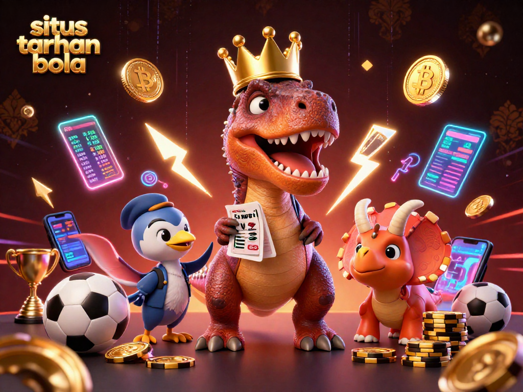 Engage with situs taruhan bola through dynamic sports betting action featuring a T-Rex and friends.