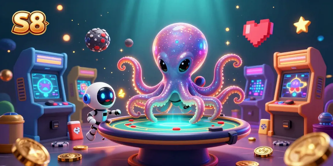 S8 captures the excitement of casino gaming, featuring a vibrant octopus at a holographic poker table.