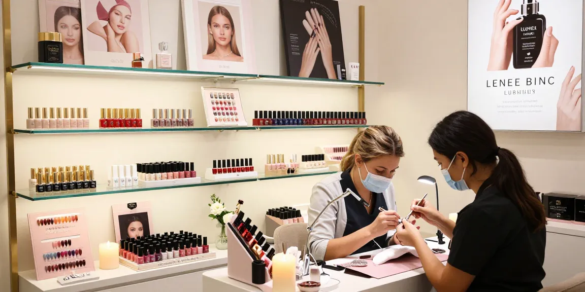 Menampilkan suasana toko perlengkapan kuku LUXURY12 dengan produk premium dan suasana mewah.