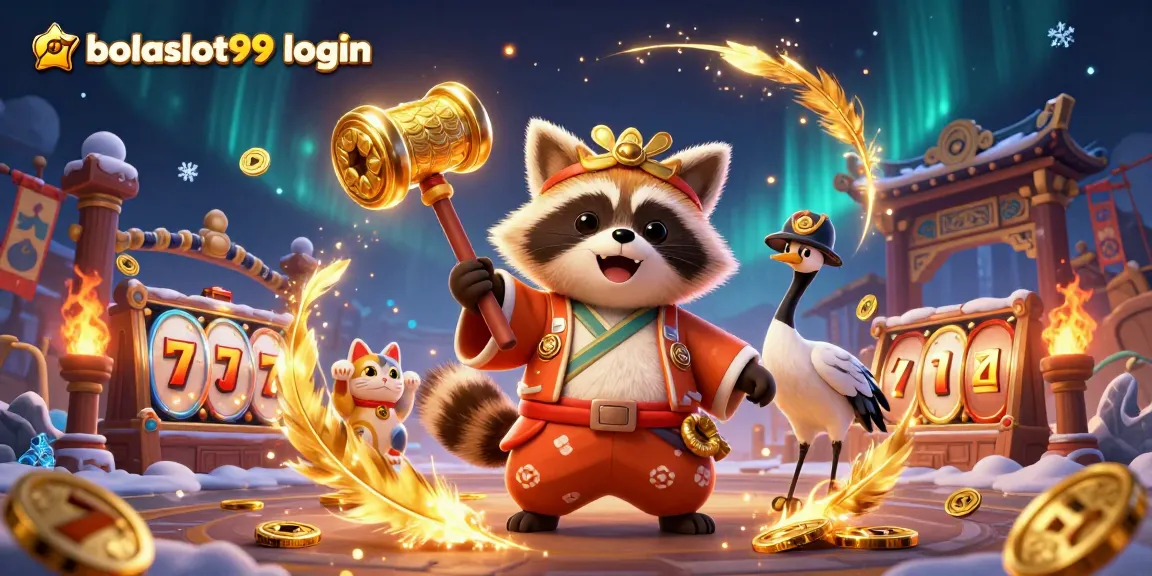Experience exciting gameplay and wins with bolaslot99 login, featuring a cheerful tanuki and dynamic casino elements.