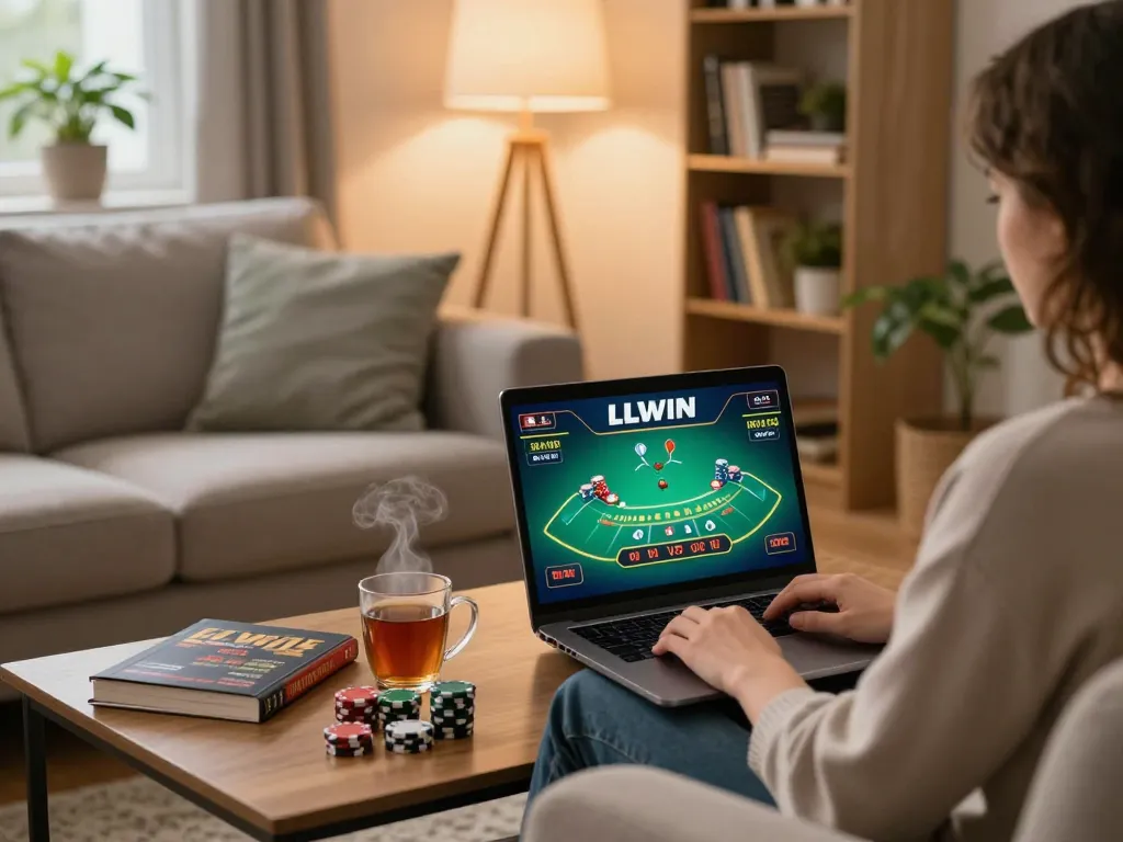 Person enjoying online gameplay on LLWIN, showcasing interactive gaming in a cozy home setting.