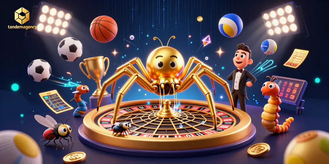 Engage in thrilling bets with tandemagency's vibrant casino cartoon scene featuring a golden spider and dynamic sports elements.
