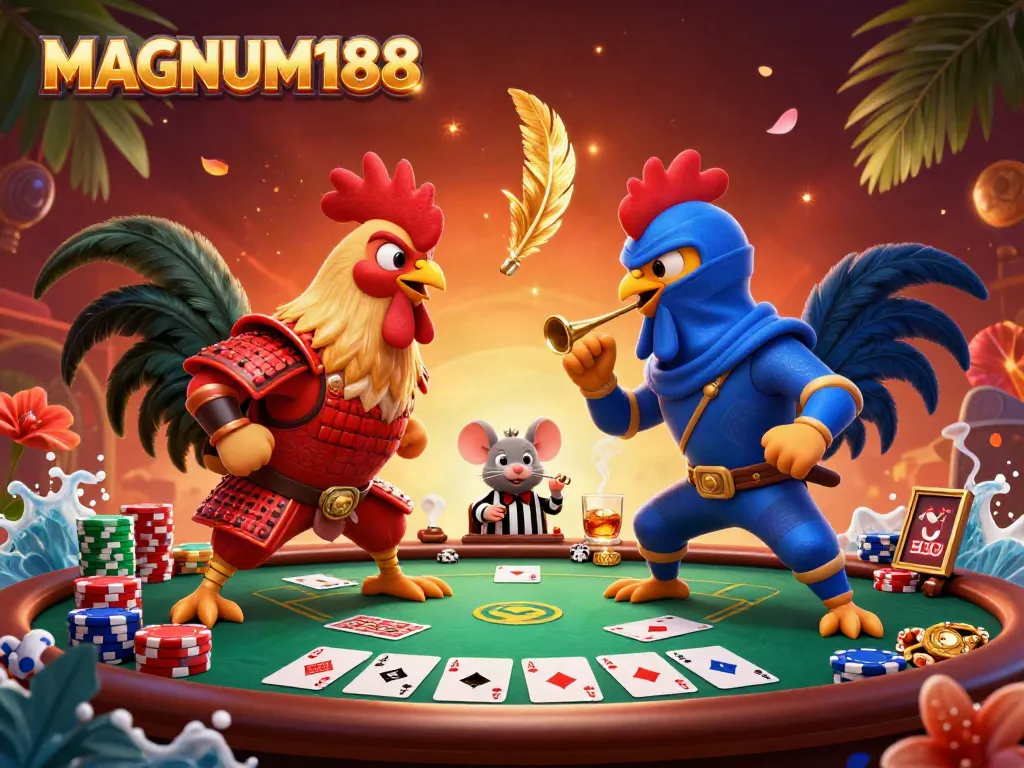 Experience thrilling battles at MAGNUM188 with fighting roosters at a poker table.