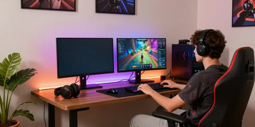 Ruang permainan online dengan gamer menggunakan harpurd di komputer, nyaman dan modern.