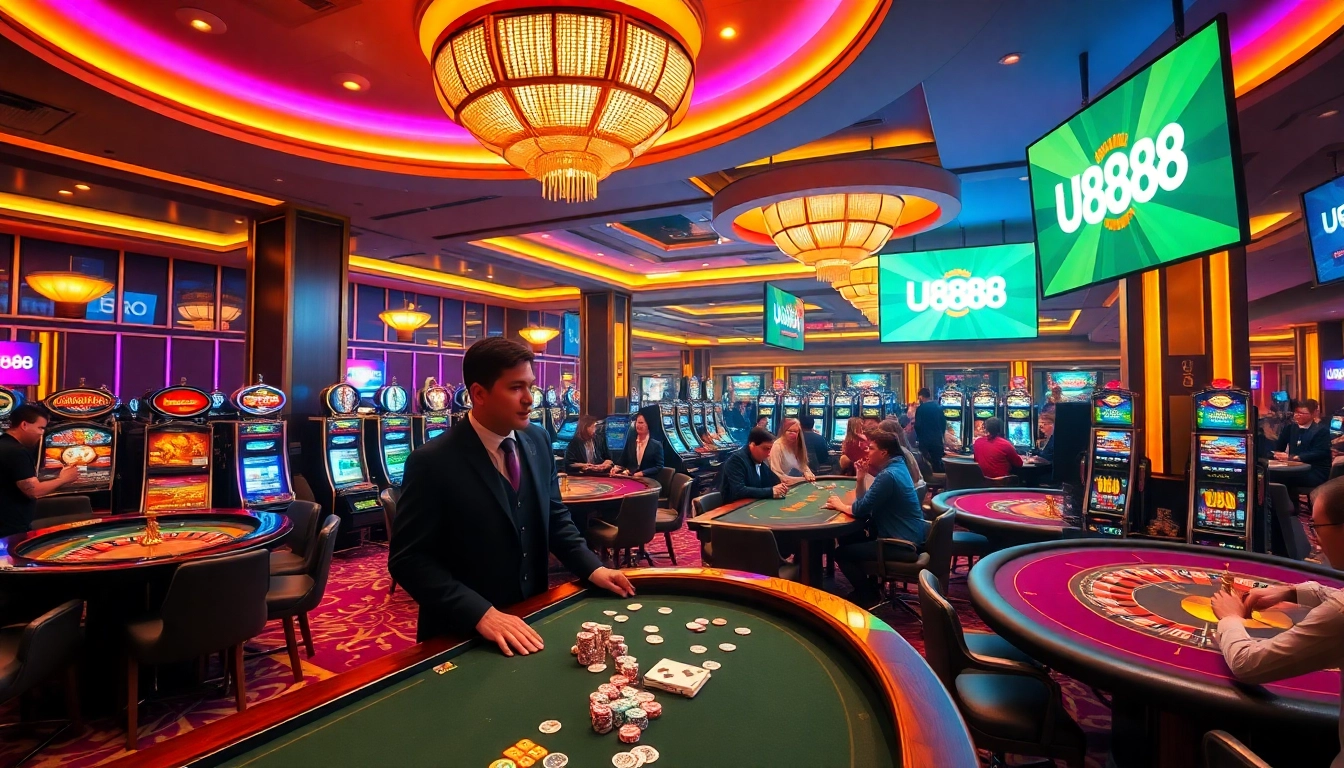 U888 players enjoying an exciting casino atmosphere with vibrant tables and games.