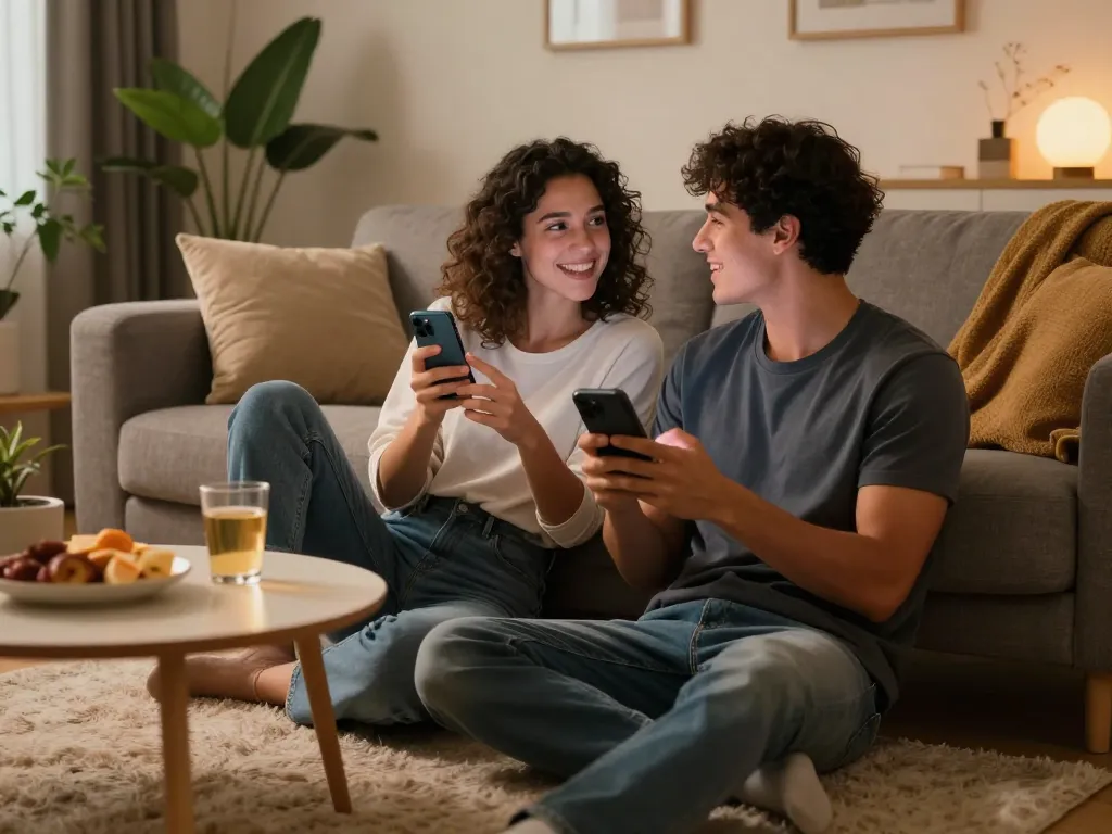 Couple in modern living room engaging with smartphones showcasing ai sexting interactions.
