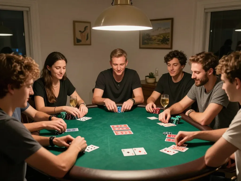 Friends enjoying a lively poker night, engaging in friendly competition at Hitclub themed home gaming session.