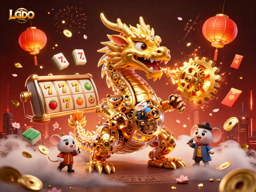 Experience excitement with LGODEWA's slot reels and gold coins in a vibrant casino illustration.
