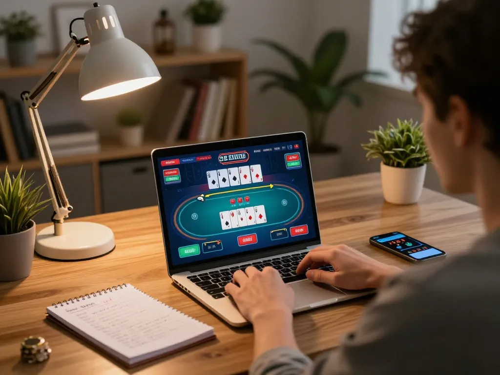 MPOID player engaging in online poker game with laptop and strategic notes, highlighting responsible gaming.