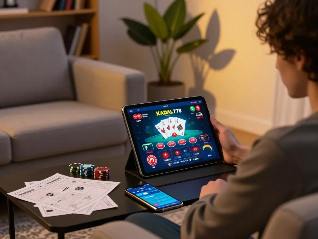 KADAL778 user engaging in online gaming strategy with tablet and notes.