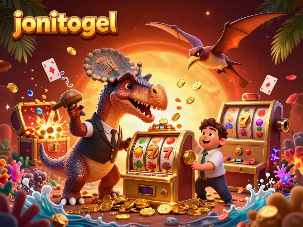 Experience the excitement of jonitogel with a dinosaur-themed jackpot scene including playful characters and flying coins.
