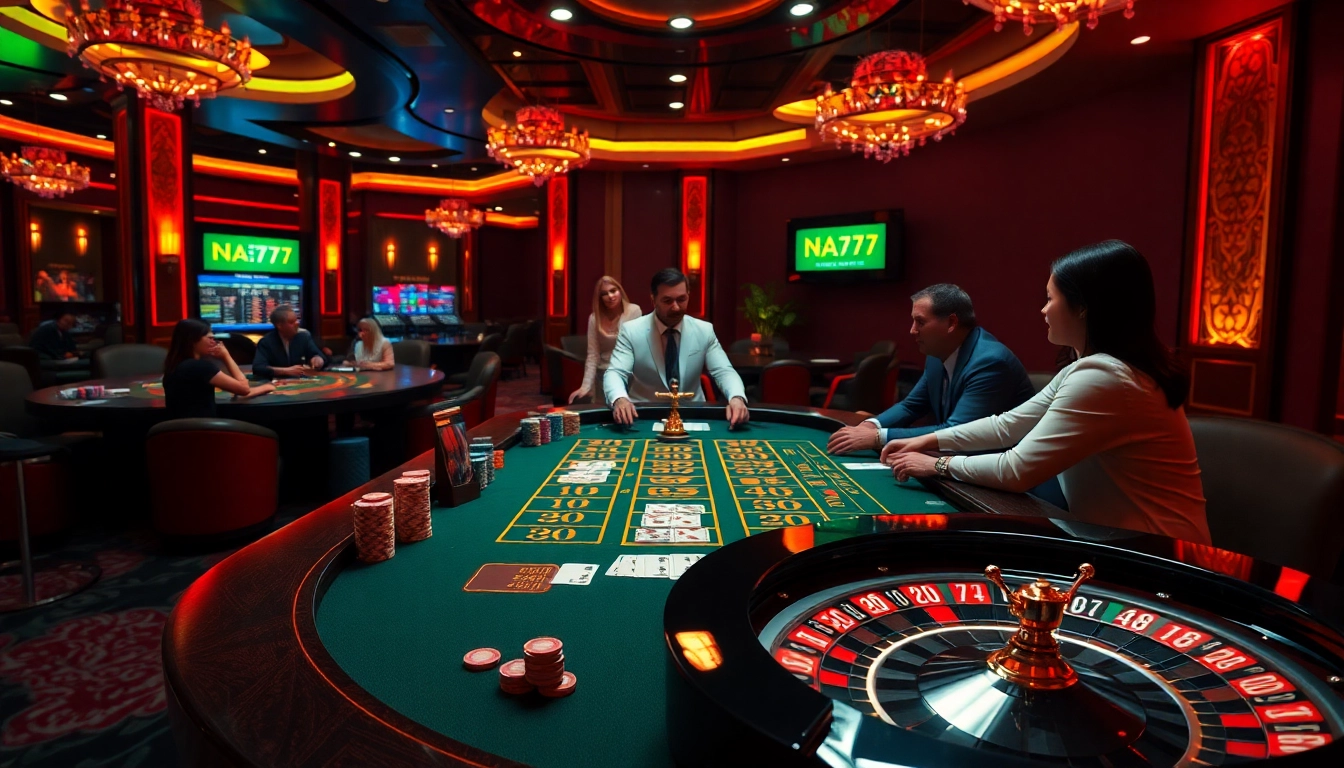 Experience the excitement of NA777's casino atmosphere with professional dealers and vibrant gaming tables.