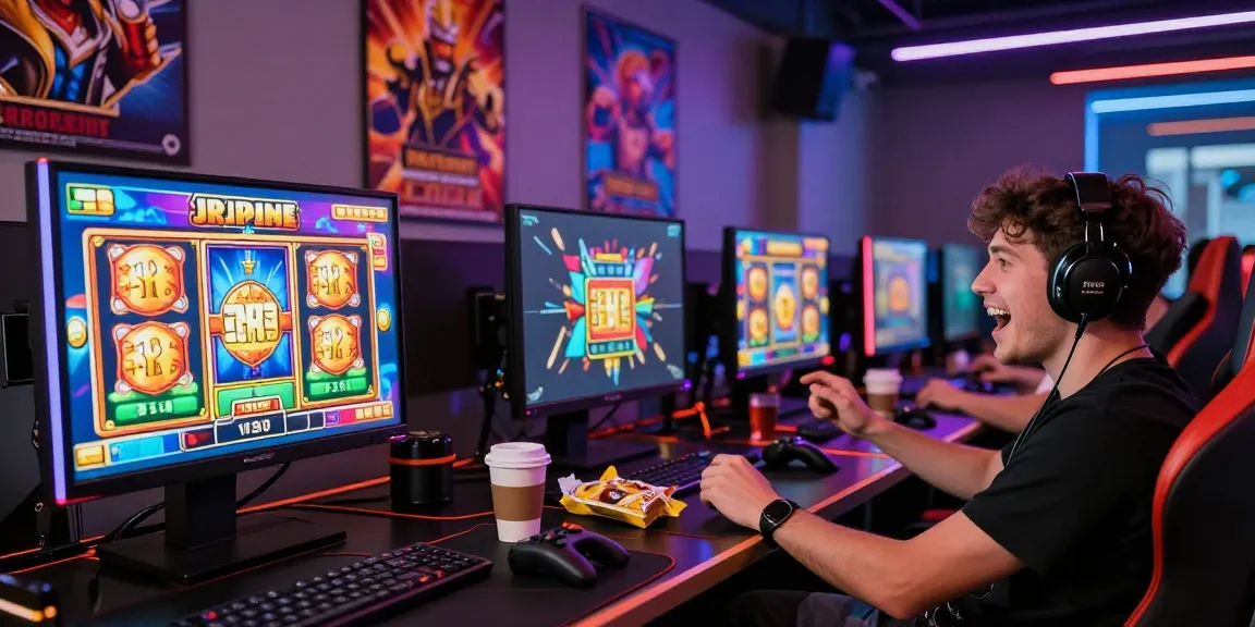 Pemain slot online Modal138 di ruang permainan modern, dengan interaksi antusias.