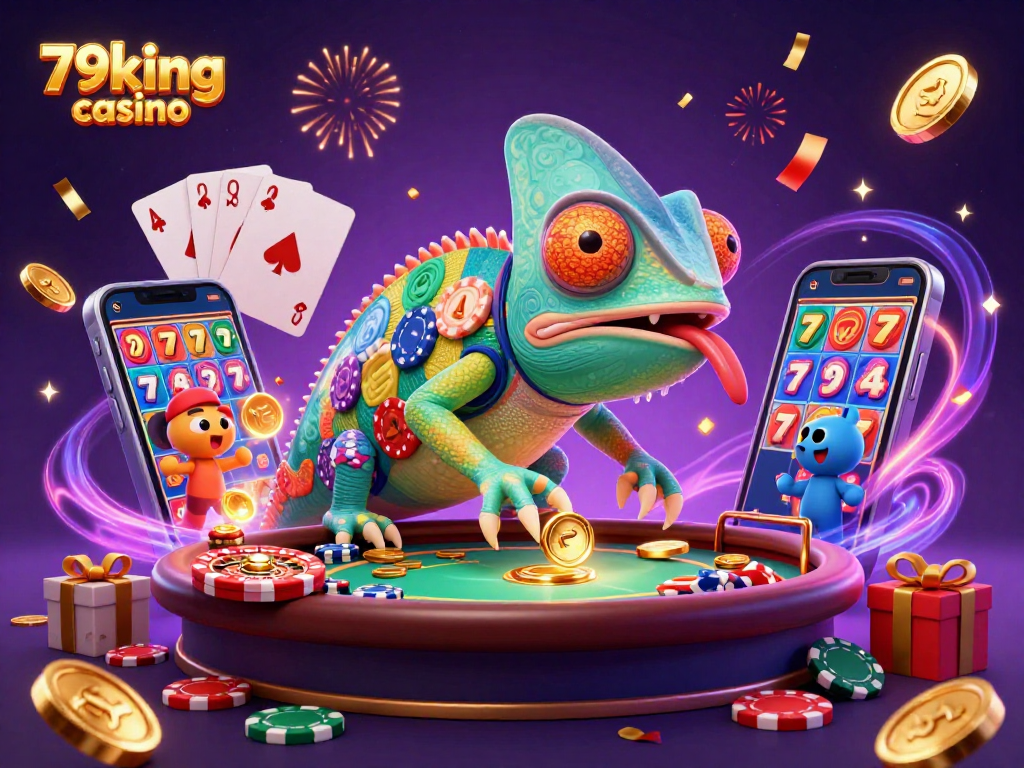 Engage at 79king casino with vibrant chameleon overseeing slots and roulette action.