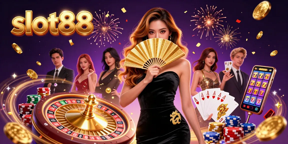 SLOT88 showcases a stunning casino scene with an elegant Asian woman and dynamic gaming elements, inviting players to win big.