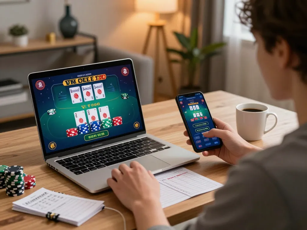 Engaged user enjoying online casino gameplay at home showing trang chủ fly88 interface.