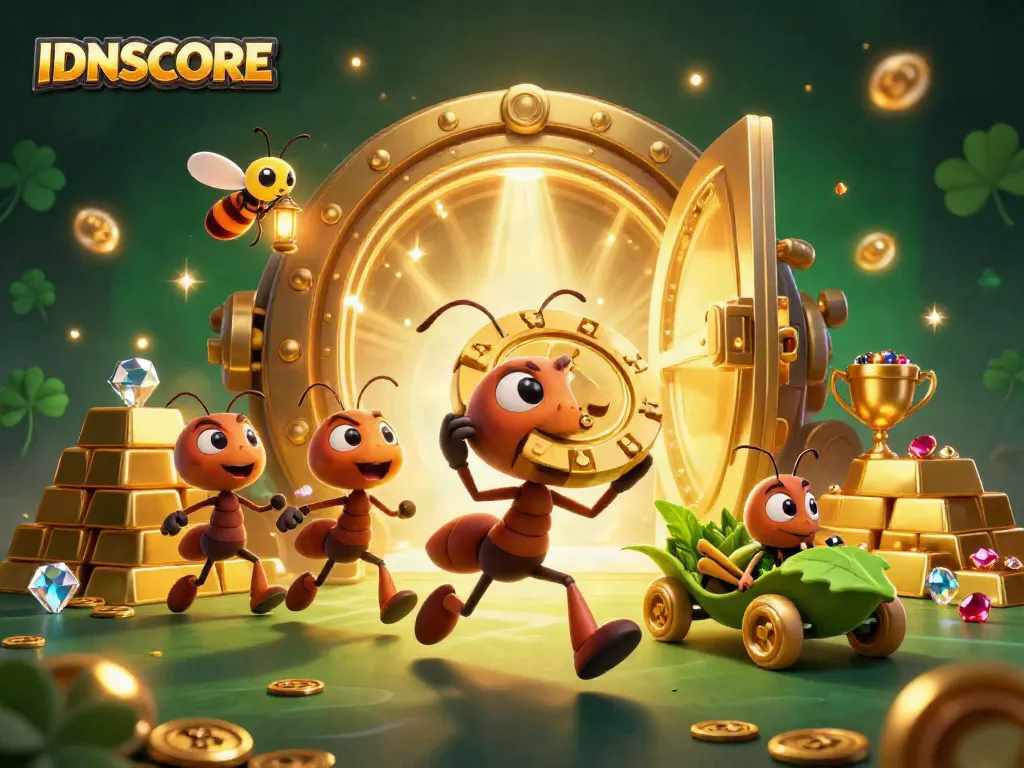 Team of ants in a heist scene with a giant poker chip, showcasing IDNSCORE's casino adventure.