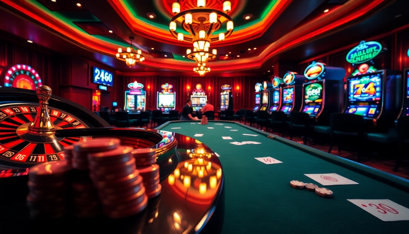 Experience jagoan86's vibrant casino gaming with tables, cards, and spinning roulette in lively ambiance.