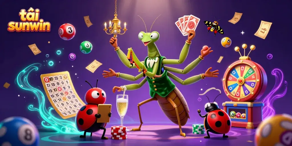 Experience the thrill of tải sunwin with an engaging 3D casino scene featuring vibrant game elements and charismatic characters.