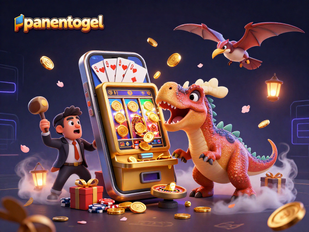 Experience panentogel excitement as a dinosaur hits a golden slot machine, capturing flying coins.