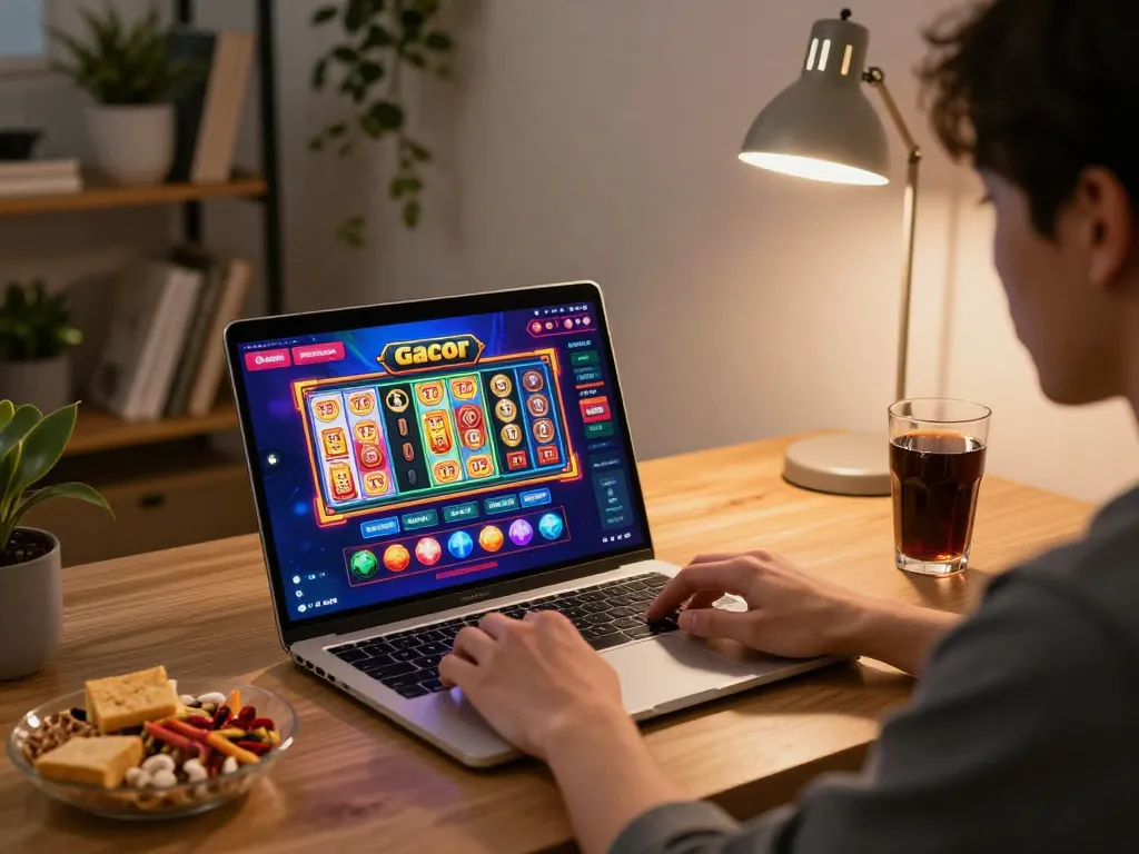 Engaging user playing toto slot gacor at home with cozy atmosphere in 2026