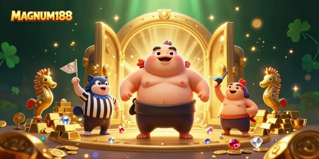 Experience MAGNUM188's vibrant underwater casino adventure featuring a sumo fugu and festive seahorses.