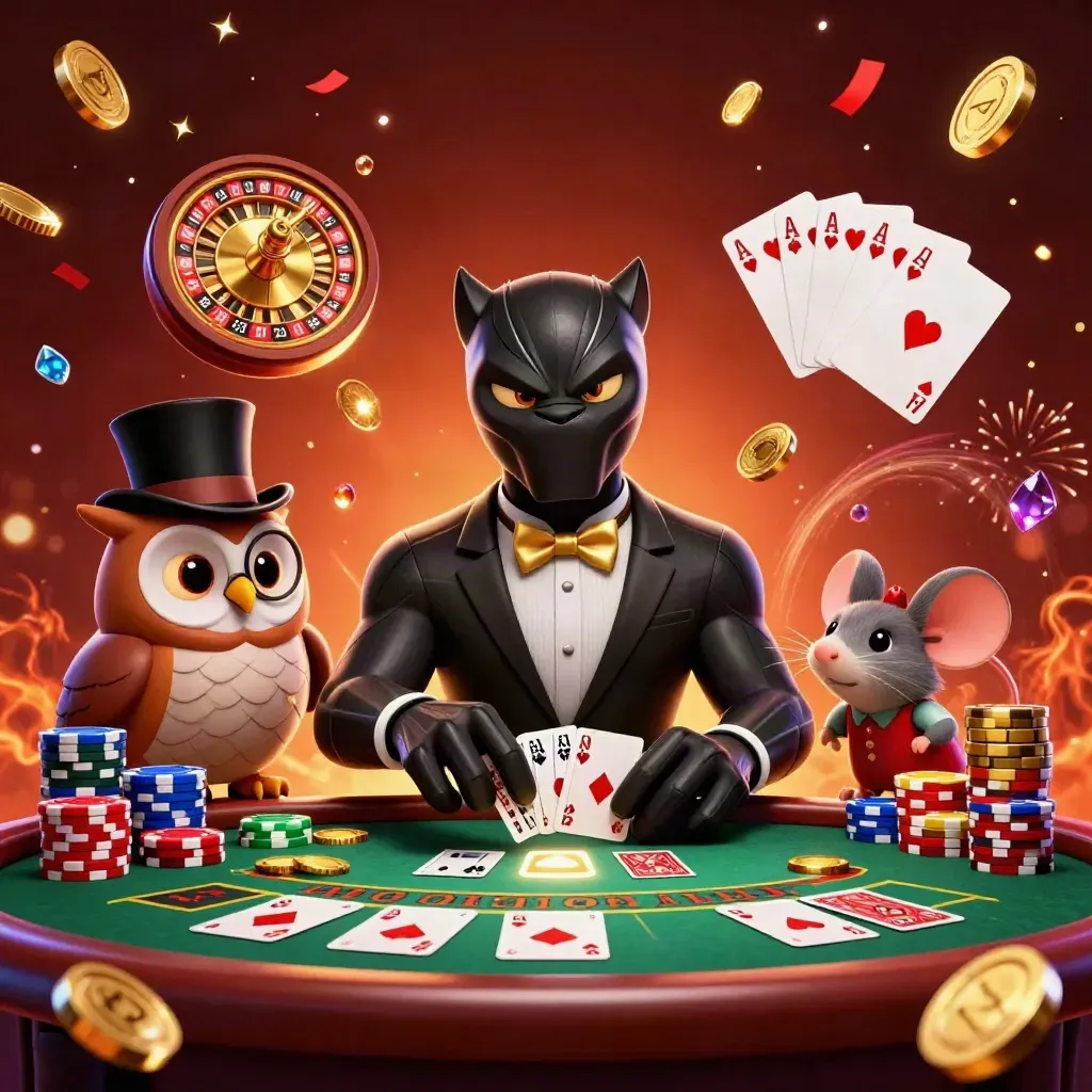Panther, burung hantu, dan tikus kasino mewah dikelilingi koin emas, kartu, dan roda roulette.