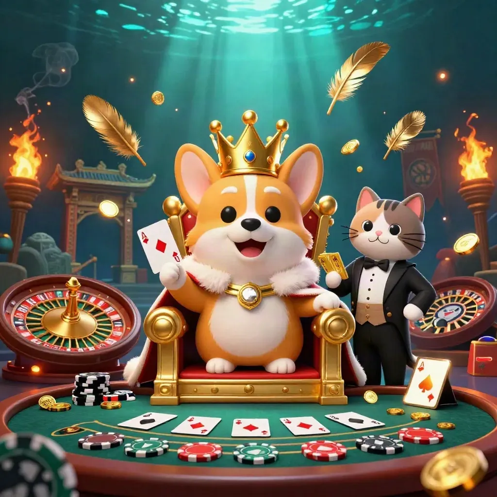 Korgi kerajaan dan butler kucing di kasino emas, dengan ring tinju dan gerbang kuil bercahaya.