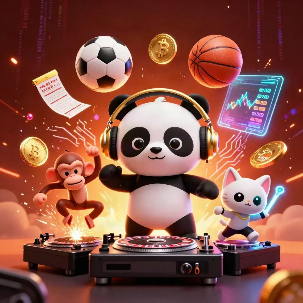 Panda DJ, monyet breakdance, dan kucing glow-stick dengan bola dan koin kripto di cahaya emas.
