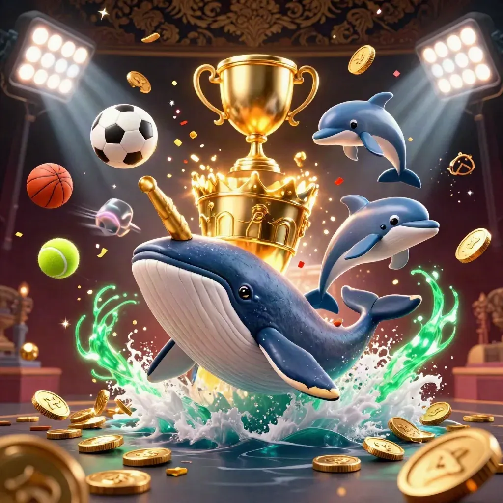 Paus kapten, narwhal, dan lumba-lumba di lautan koin emas dengan efek mewah.