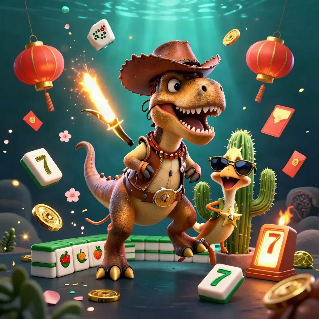 T-Rex koboi, kaktus, dan roadrunner dikelilingi ubin mahjong emas, lampion, koin giok, dan api.