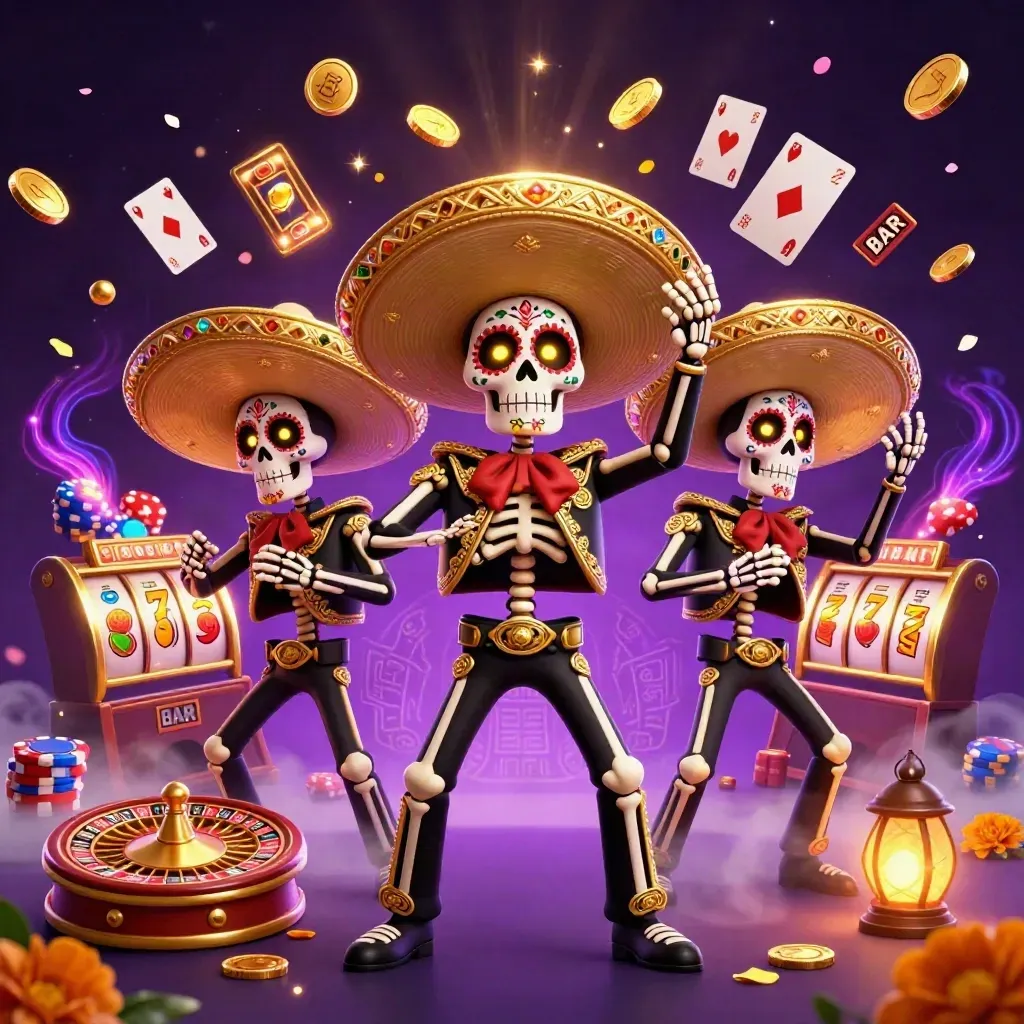 Tiga kerangka mariachi emas dengan koin, roulette, slot, dan cahaya ungu mewah di latar gelap.