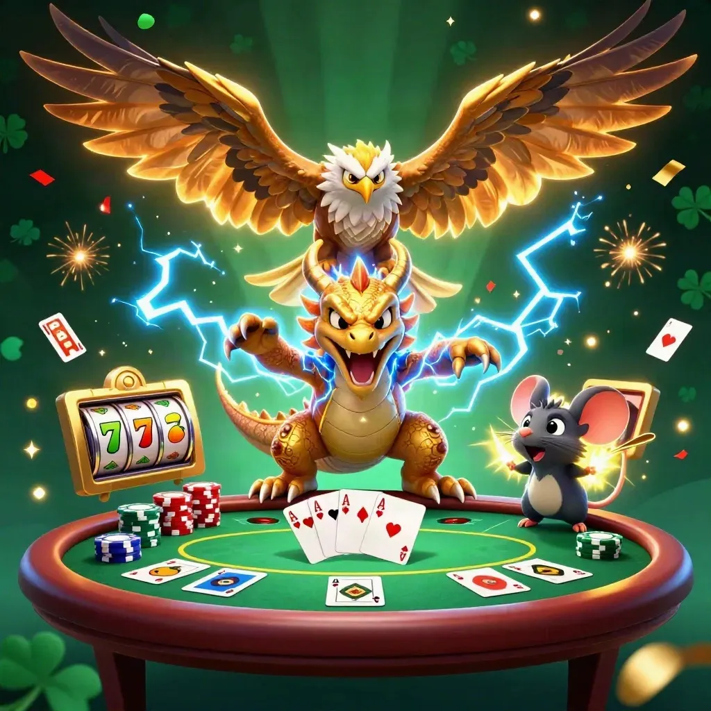 Naga petir, elang angin, dan tikus listrik mengelilingi meja poker emas di latar hijau gelap.