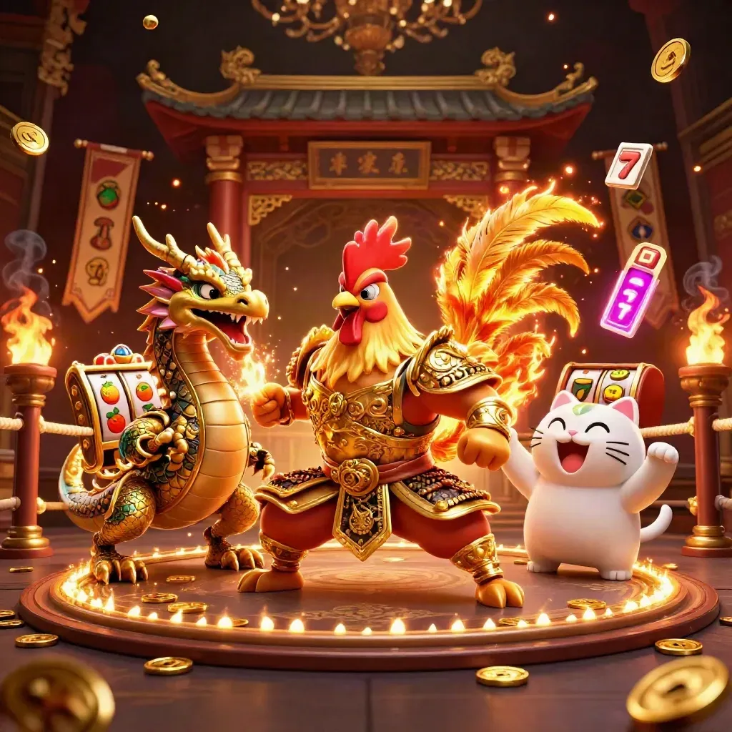Ayam samurai, naga bayi, dan kucing keberuntungan di arena emas dengan efek api dan simbol slot.
