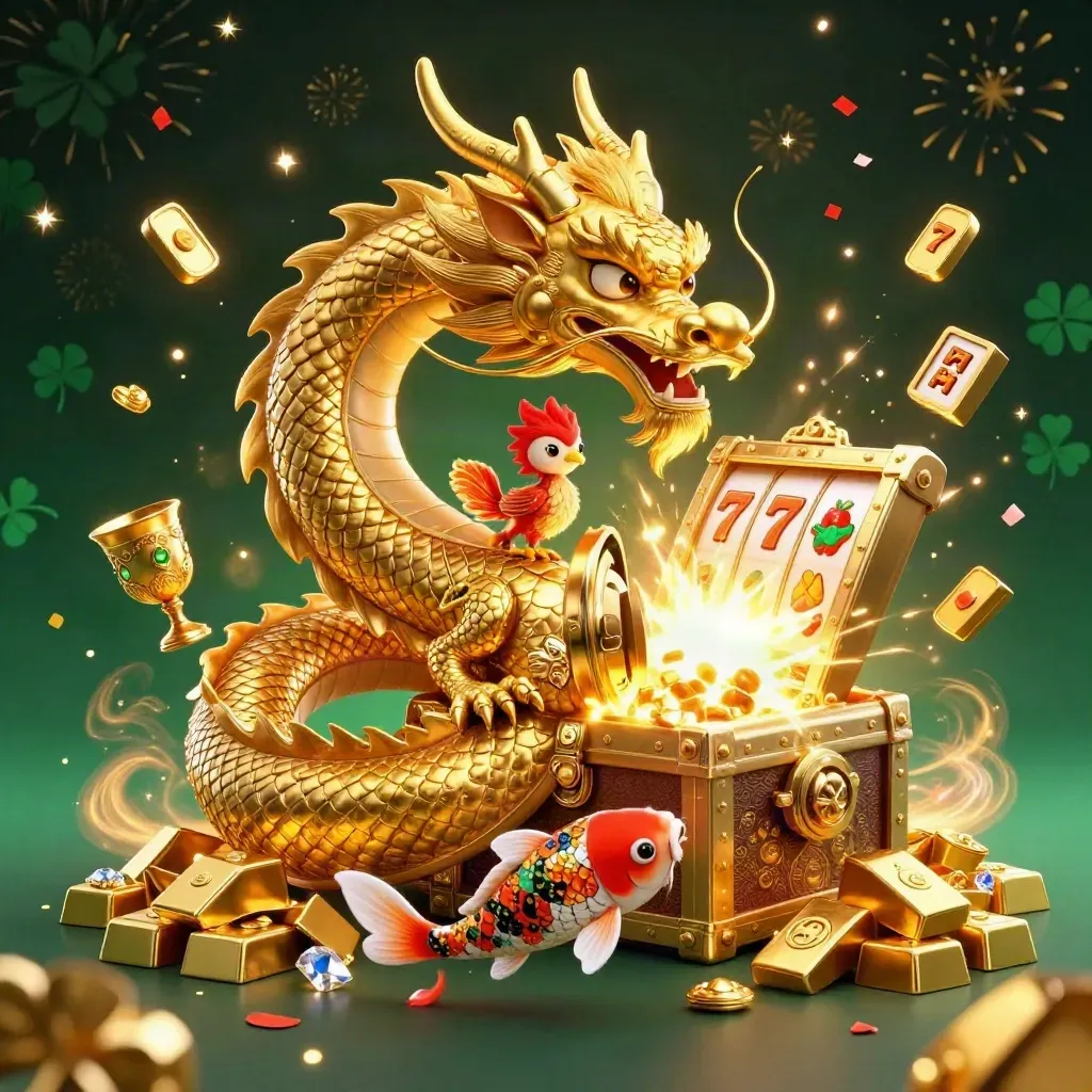 Naga emas 3D, burung phoenix merah, ikan koi, peti harta, dan efek emas hijau zamrud.