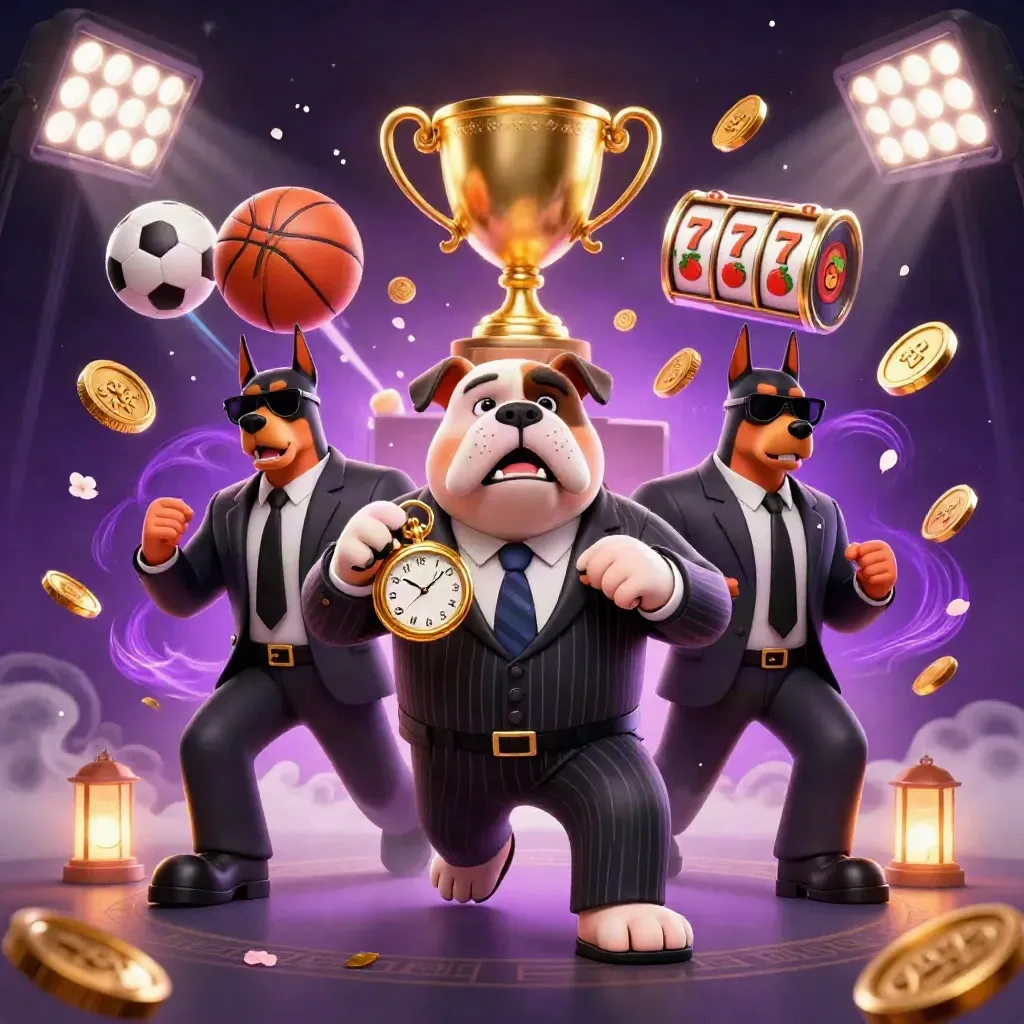 Bulldog mafia dan dua doberman dikelilingi bola, koin, petir, dan efek kasino emas.