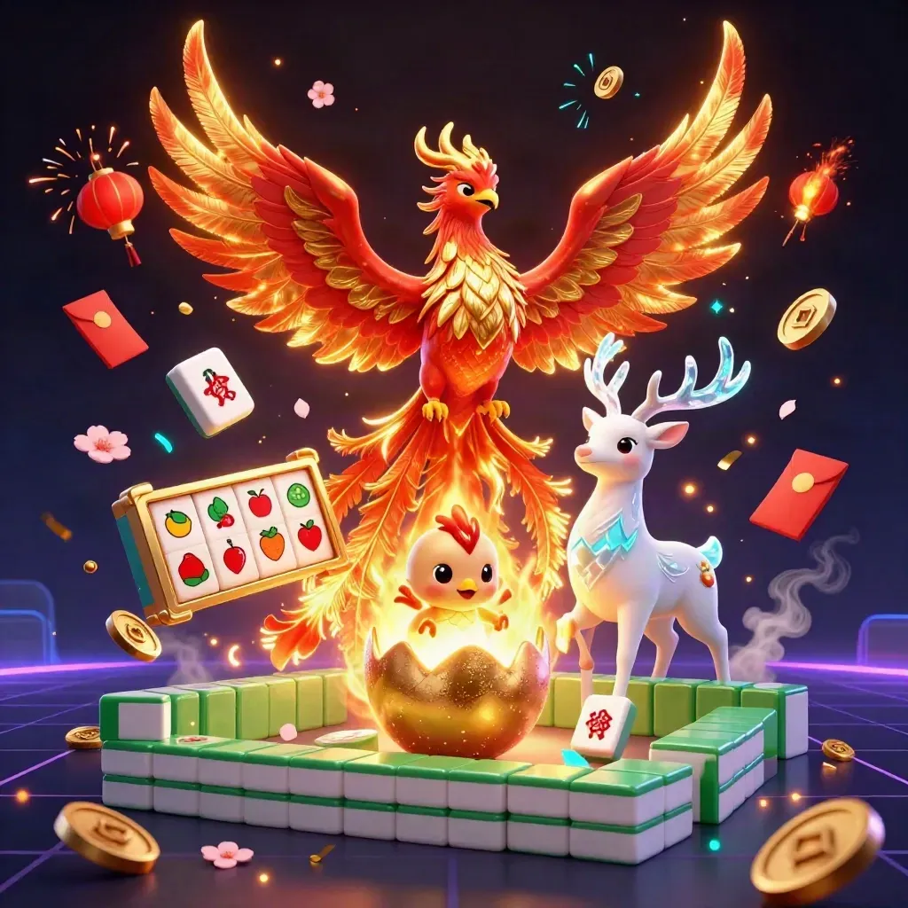 Burung phoenix emas, anak phoenix, dan rusa kristal dikelilingi simbol slot di latar neon gelap.
