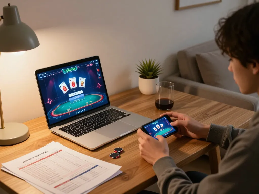 Person engaging in QQALFA login for online poker, showcasing strategy notes and gaming setup