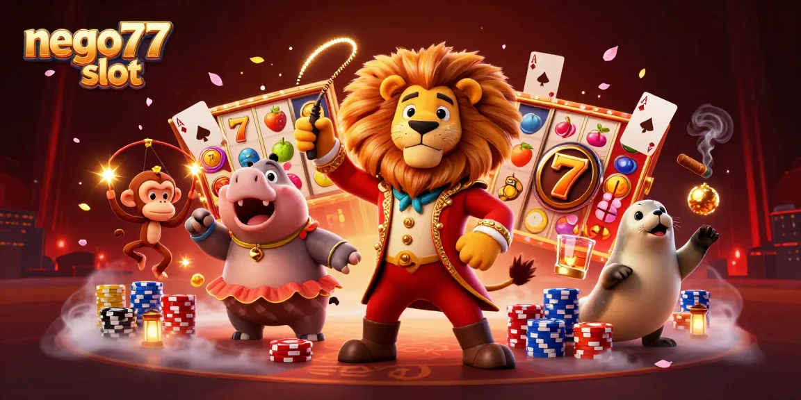 Engage with nego77 slot and vivid characters in an exciting circus casino scene.
