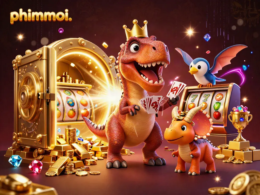 Experience the thrill of casino gameplay with phimmoi. in a vibrant, cartoonish scene featuring dinosaurs and gold.