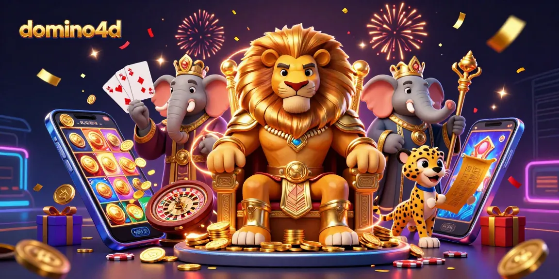 Permainan menarik domino4d dengan karakter kartun dan hiasan kasino yang meriah.