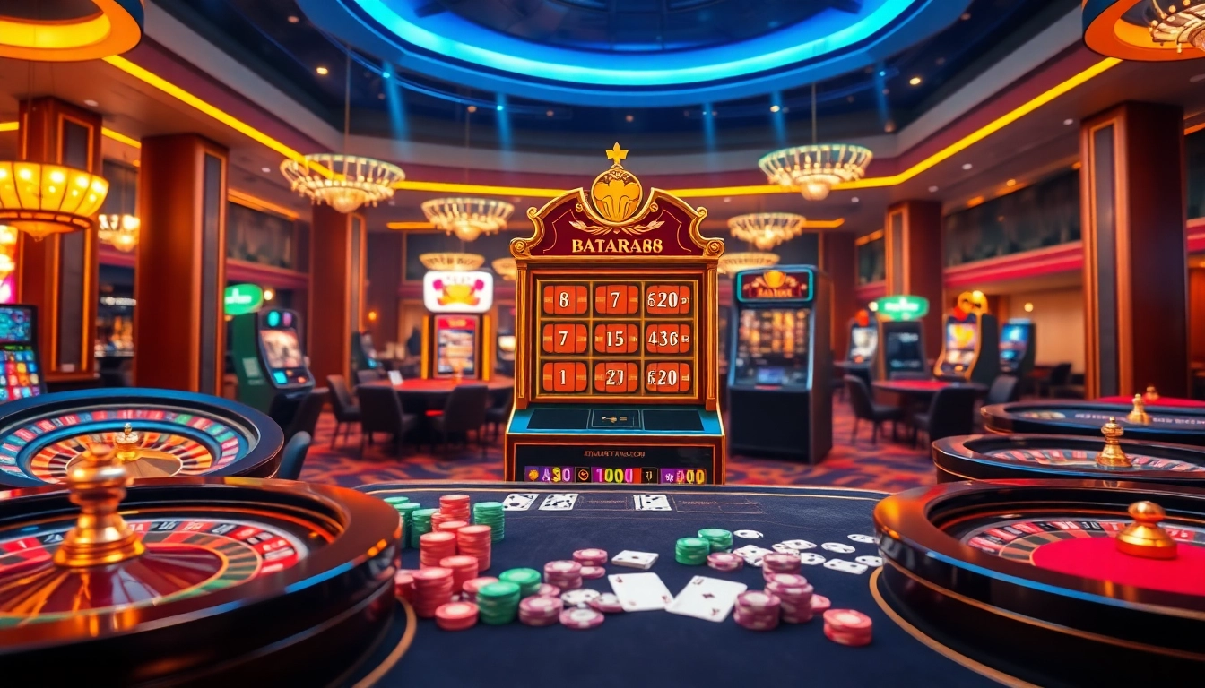 Experience the thrill of Batara88 at a luxury casino filled with vibrant slot machines and poker tables.