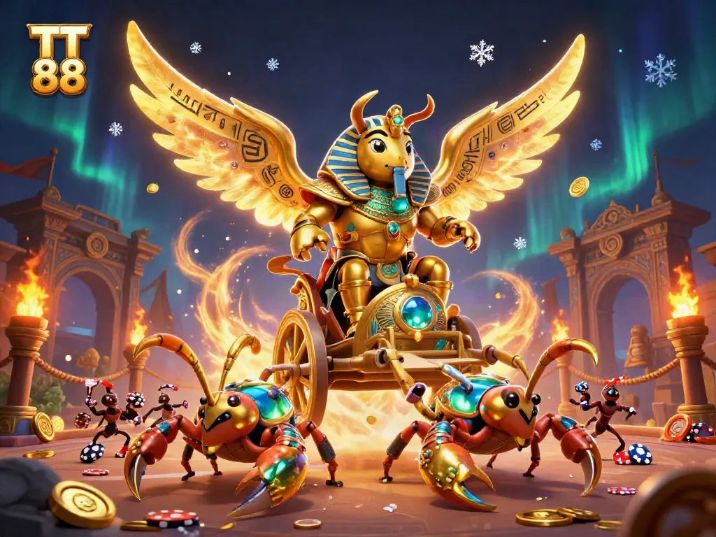 Engage in thrilling gameplay at TT 88 with golden scarab characters and vibrant casino elements.