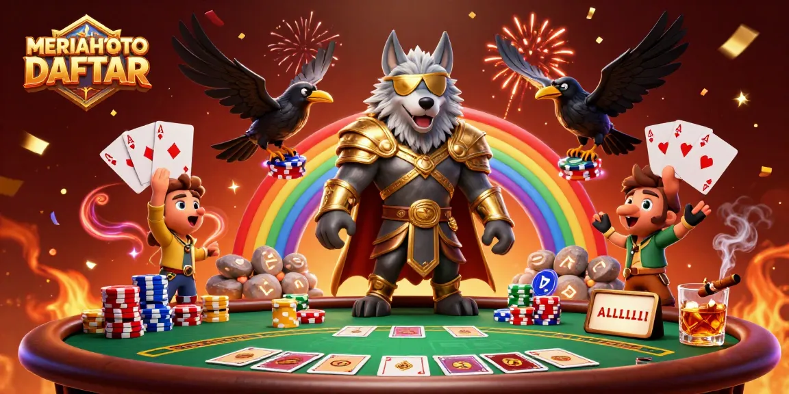 MERIAHTOTO DAFTAR, ilustrasi kasino 3D yang memukau dengan karakter mitologi, poker, dan chip berkilau