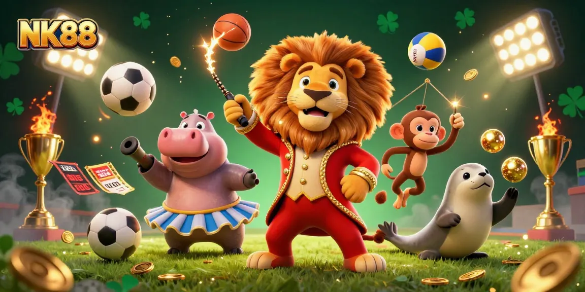 Experience the excitement of NK88 with a dynamic scene featuring the ringmaster lion and interactive gambling elements.