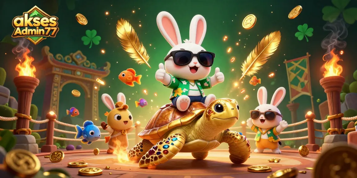 Engage with the vibrant scene accessing Admin77 as a lucky rabbit celebrates while riding a golden turtle amidst casino elements.