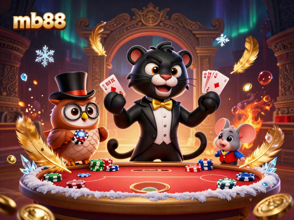 Engage with mb88 through an enchanting casino scene featuring a suave panther dealer and whimsical characters.