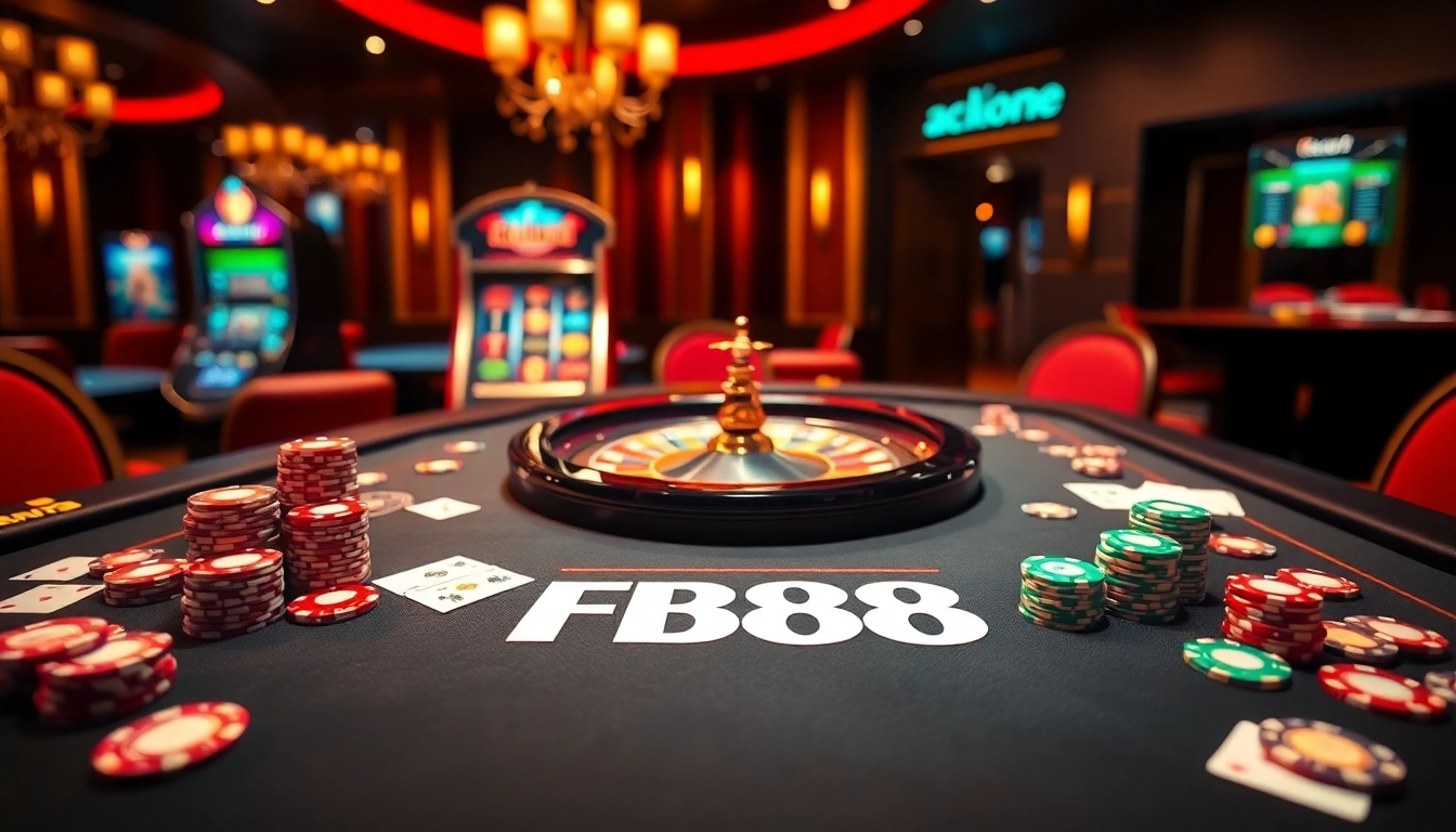 An exciting scene at a FB88 casino table showcasing vibrant poker chips and a roulette wheel.